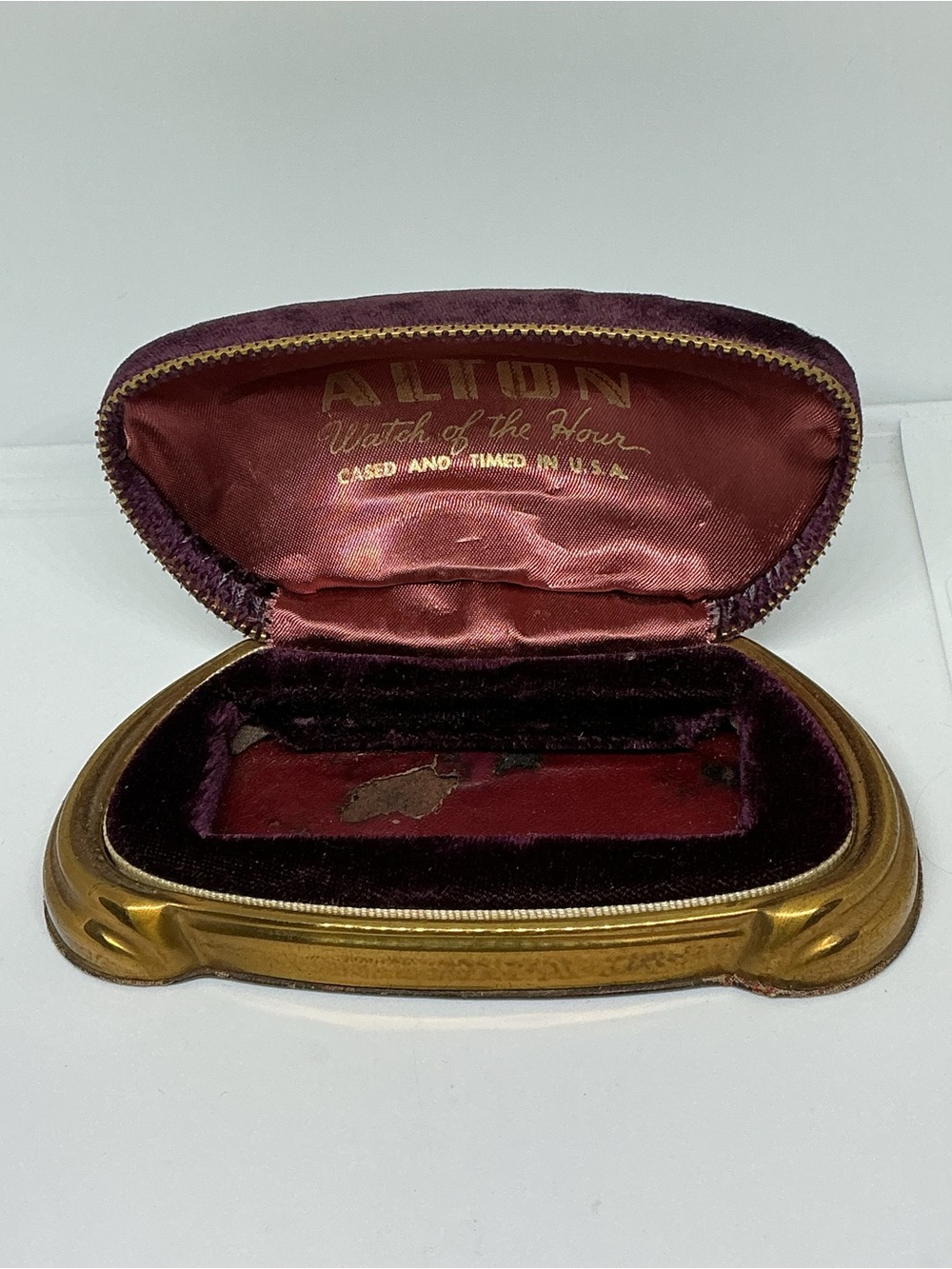 Vtg Alton “Watch of the Hour” Brass Presentation Display Box Purple Velvet USA